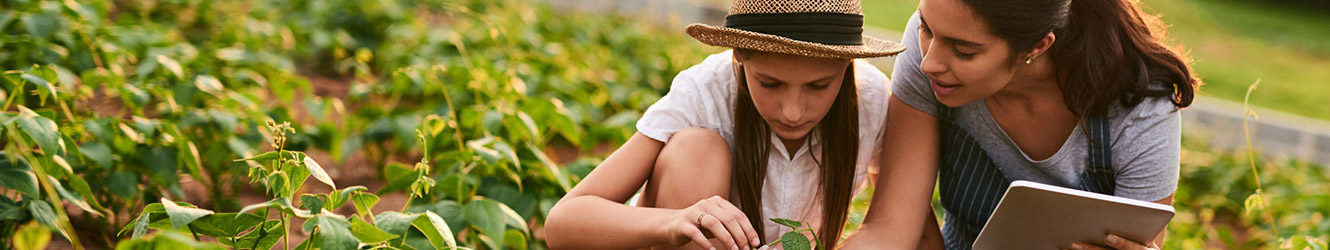 Mother and daughter looking at plant